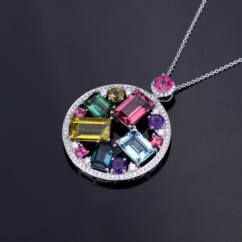 Women Necklaces European and American style girl colorful square zircon candy geometric circle pendant white gold plated sweet necklaces party jewelry gifts