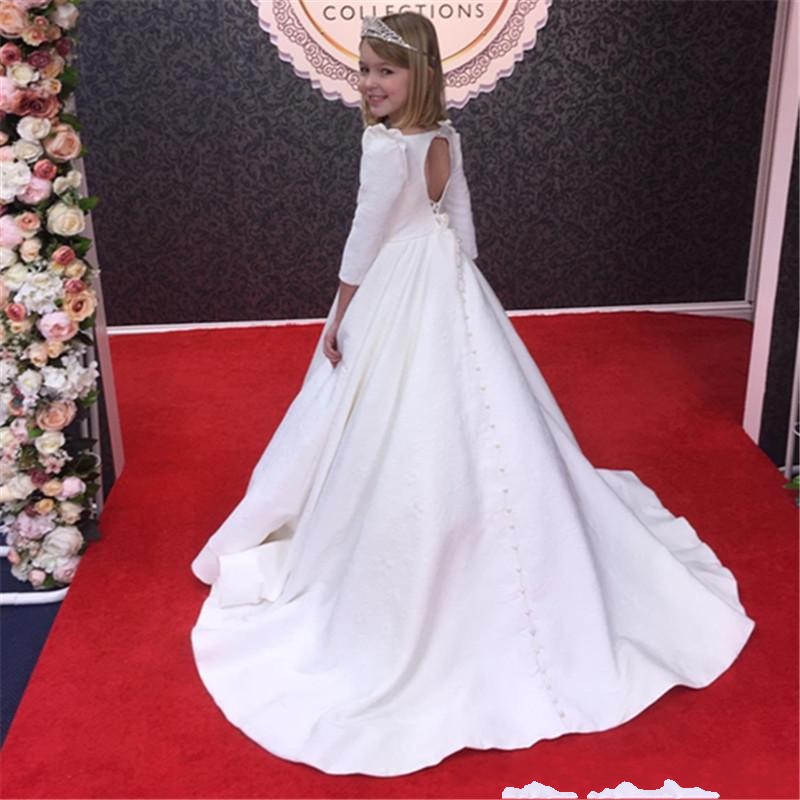 2023 White Flower Girl Dress Toddler For Wedding Satin Flowers Pageant Dress Christmas Evening Gowns Birthday Party Dresses Crystal Beads First Communion