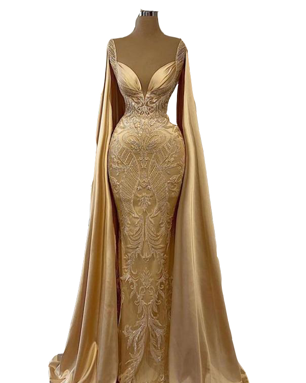 2023 Sexy Robes De Bal Or Manches Longues Etage Longueur Dentelle Appliques Perles De Cristal Cutaway Côtés Sirène Satin Robes De Soirée Robe De Soirée Dos Ouvert