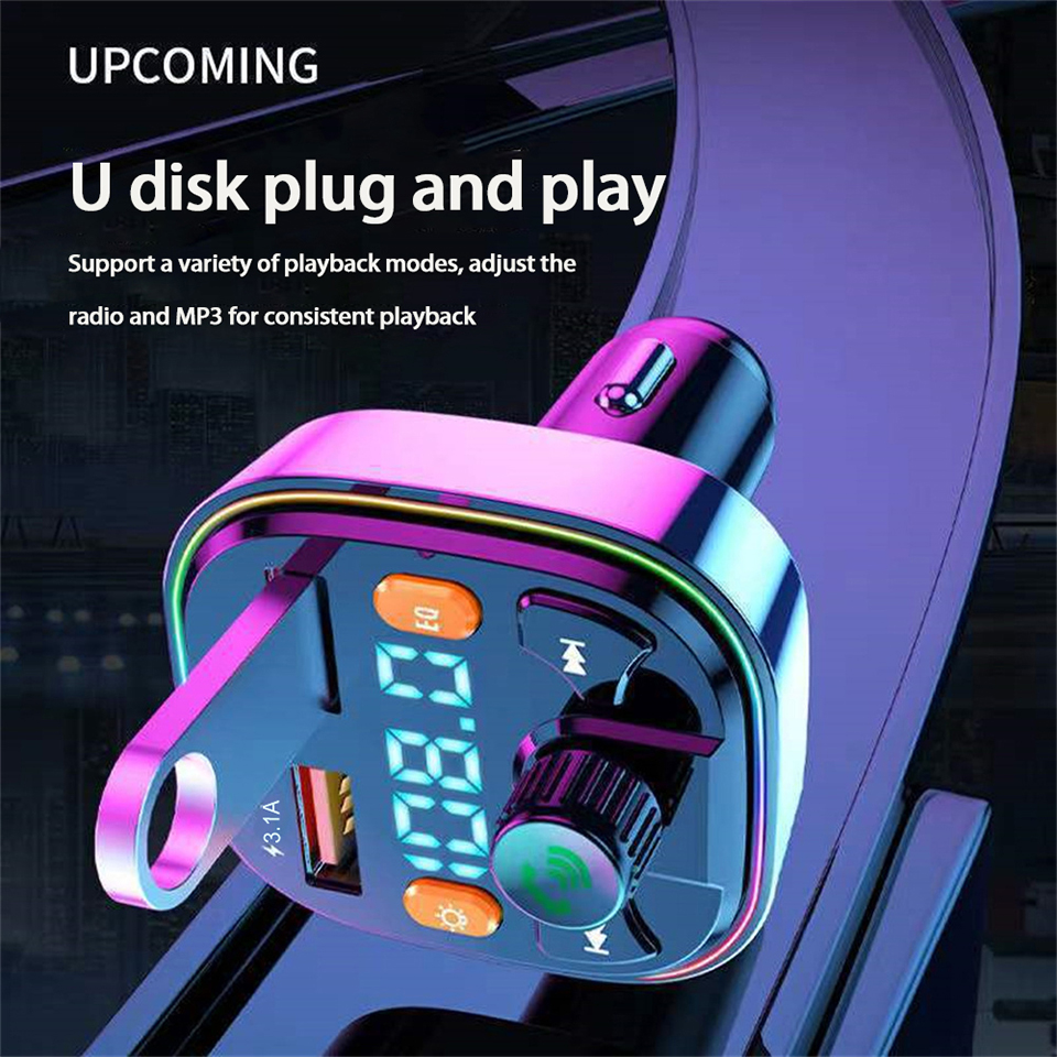 Kit auto Bluetooth MP3/4 Trasmettitore FM Ricevitore audio vivavoce wireless Lettore MP3 automatico Caricatore rapido doppio USB 2.1A con PD da 20 W Tipo-c