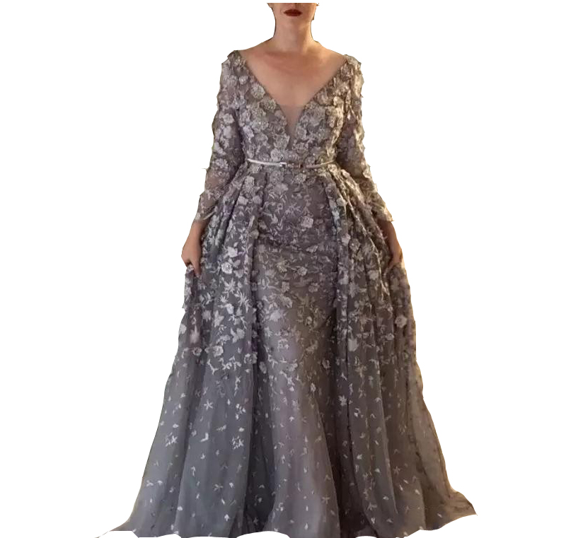 2023 Gray Mother Of The Bride Dresses Deep V Neck Long Sleeves Mermaid Ruched Lace Overskirts 3D Floral Flowers Prom Party Gowns Women Formal Wear Floor length