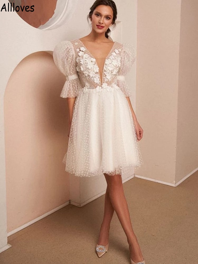 Dot Puff Manches Courtes Une Ligne Robes De Mariée Sexy Col En V Dos Ouvert Dentelle Florale Appliqued Robes De Mariée Boho Jardin Tulle Brides Deuxième Réception Robe De Soirée CL1717