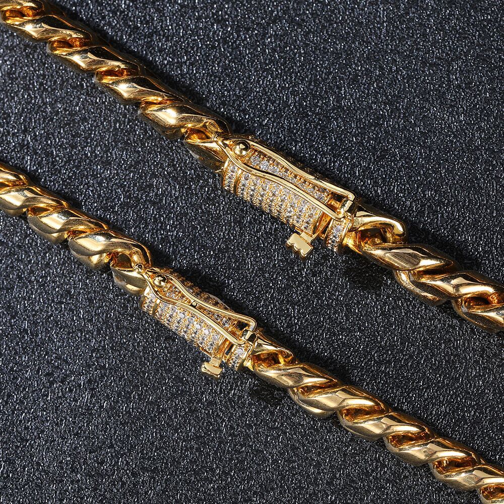 Mens 18K Gold Tone Tennis Aço Inoxidável Cuban Link Pulseira Curb Cuban Link Chain com Diamantes Fecho Bloqueio Largura 6mm 8mm 10mm Le208c