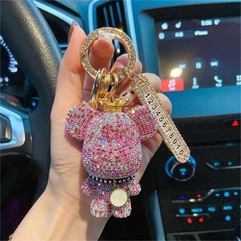 Diamond Crown Violent Bear Car Keychain Lost Prevention Number Plate Mounting Accessories for Men and Women Car Keychain Gift