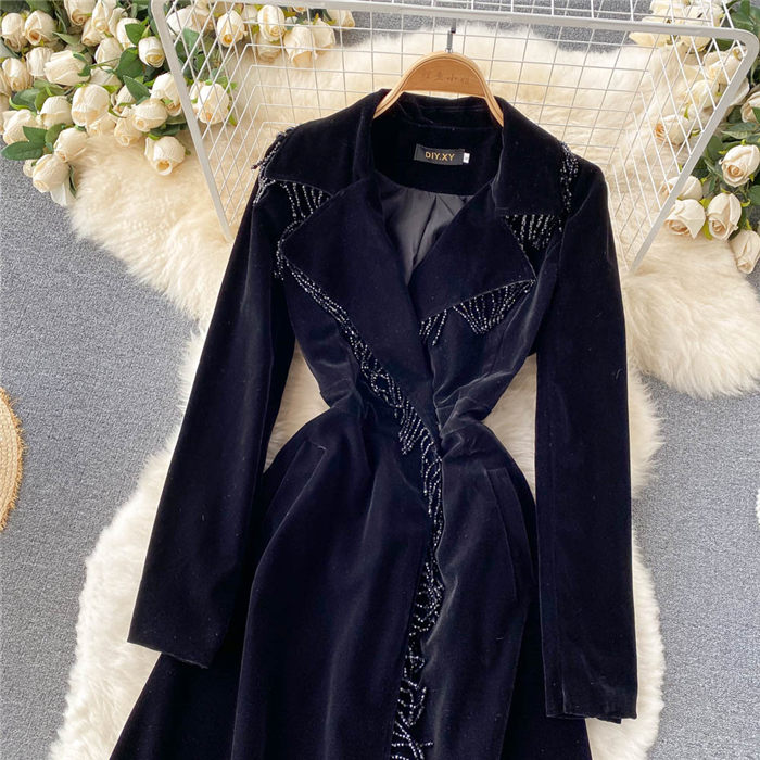 High-End Women Trench Coats Temperament Long Slim-Fit Velvet Jacket Windbreaker Suit Collar Tassel Stitching Fashion All-Match Coat Casacos 2023