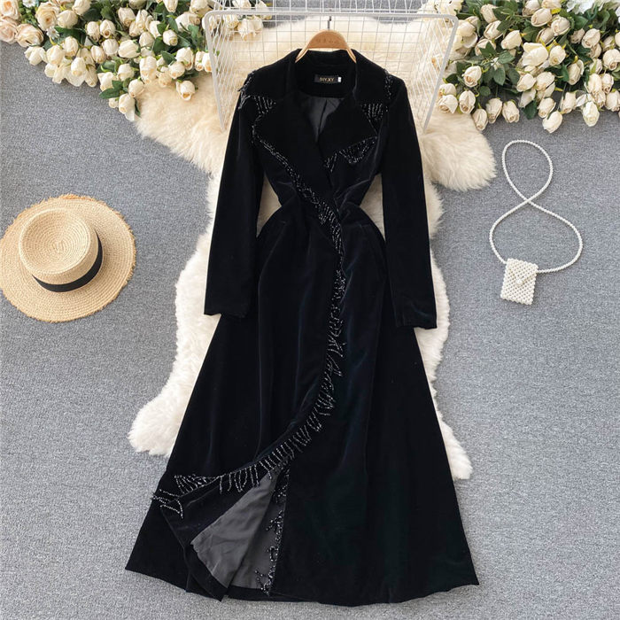 High-End Women Trench Coats Temperament Long Slim-Fit Velvet Jacket Windbreaker Suit Collar Tassel Stitching Fashion All-Match Coat Casacos 2023