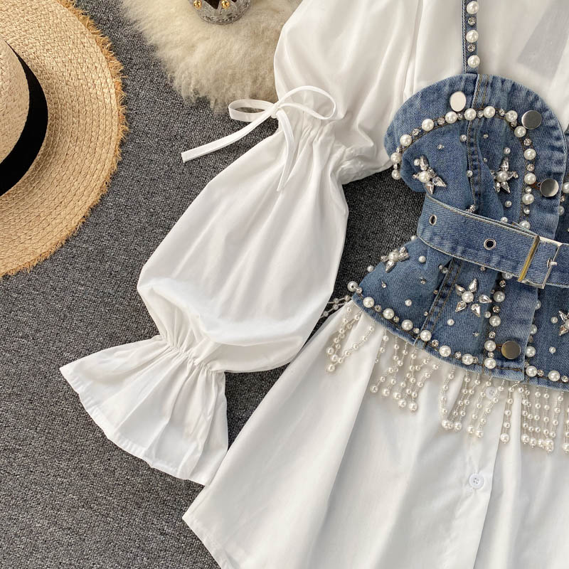 ummer 2023 New Blouse Women's Diamond Beaded Puff Sleeve Blusa Top Tassel Pearl Sling Waistcoat Two-piece Sets Stacking Shirt
