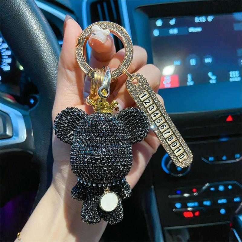 Diamond Crown Violent Bear Car Keychain Lost Prevention Number Plate Mounting Accessories for Men and Women Car Keychain Gift