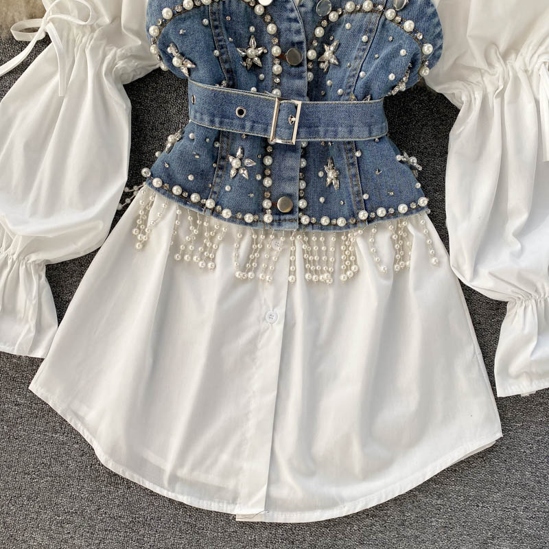 ummer 2023 New Blouse Women's Diamond Beaded Puff Sleeve Blusa Top Tassel Pearl Sling Waistcoat Two-piece Sets Stacking Shirt