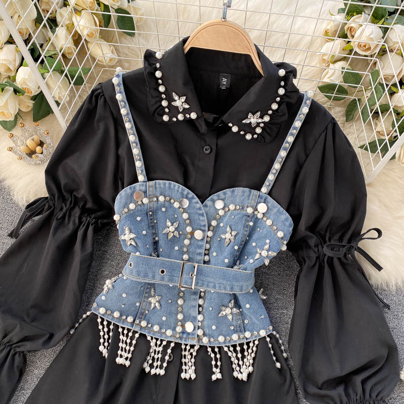 ummer 2023 New Blouse Women's Diamond Beaded Puff Sleeve Blusa Top Tassel Pearl Sling Waistcoat Two-piece Sets Stacking Shirt