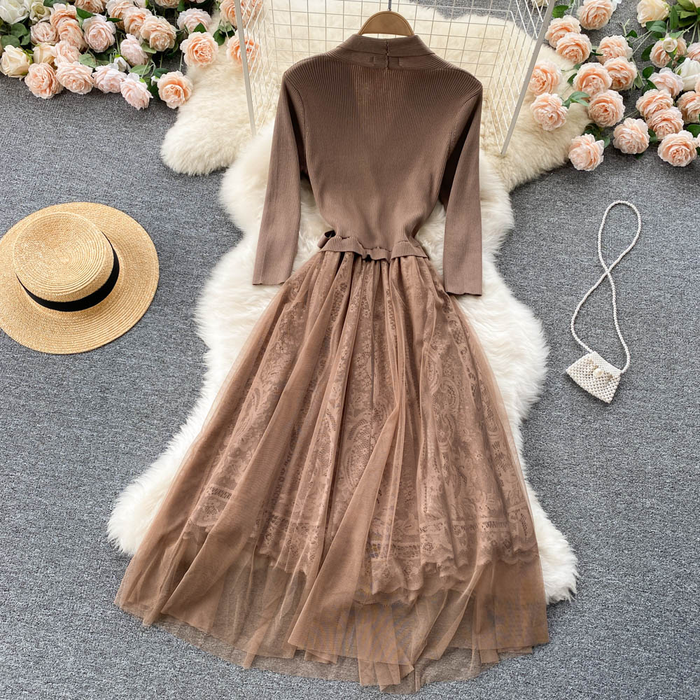 Autumn Winter Casual Dresses Women V-neck Sash Tie Up Dress Vintage Lady Lace Mesh Patchwork Dress Casual Knitting Dress 2023