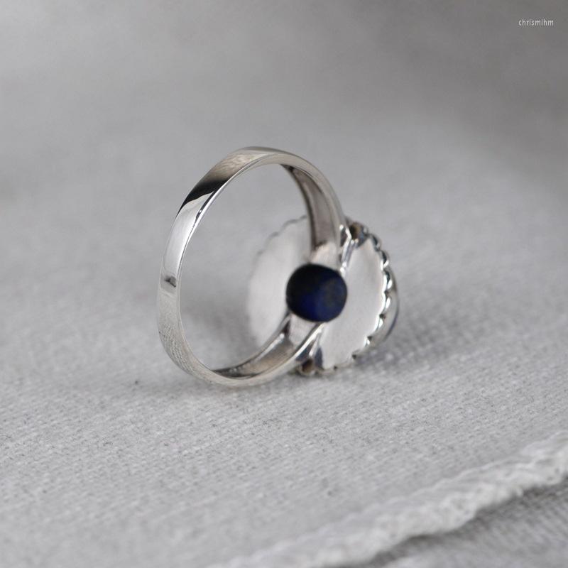 Cluster Rings FNJ 925 Silver Lapis Lazuli Real Original S925 Solid Prue Ring for Women Jewelry Vintage Oval Flower311e