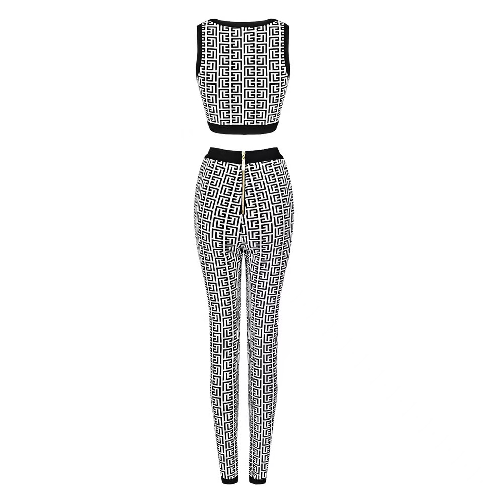 Tvådelade set för kvinnor Byxor gyllene lejon tight-fit Ny sexig ärmlös kappa för kvinnor Blyertsbyxor Set Bodycon Jacquard Bandage Elegant Party Club