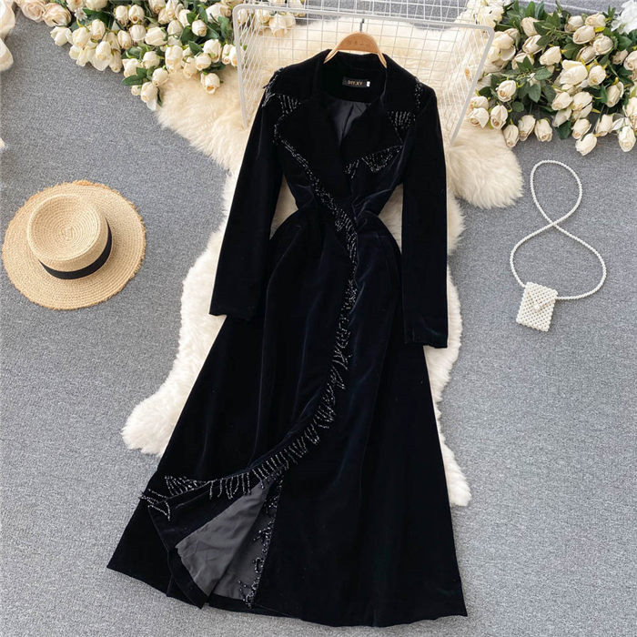 High-End Women Trench Coats Temperament Long Slim-Fit Velvet Jacket Windbreaker Suit Collar Tassel Stitching Fashion All-Match Coat Casacos 2023