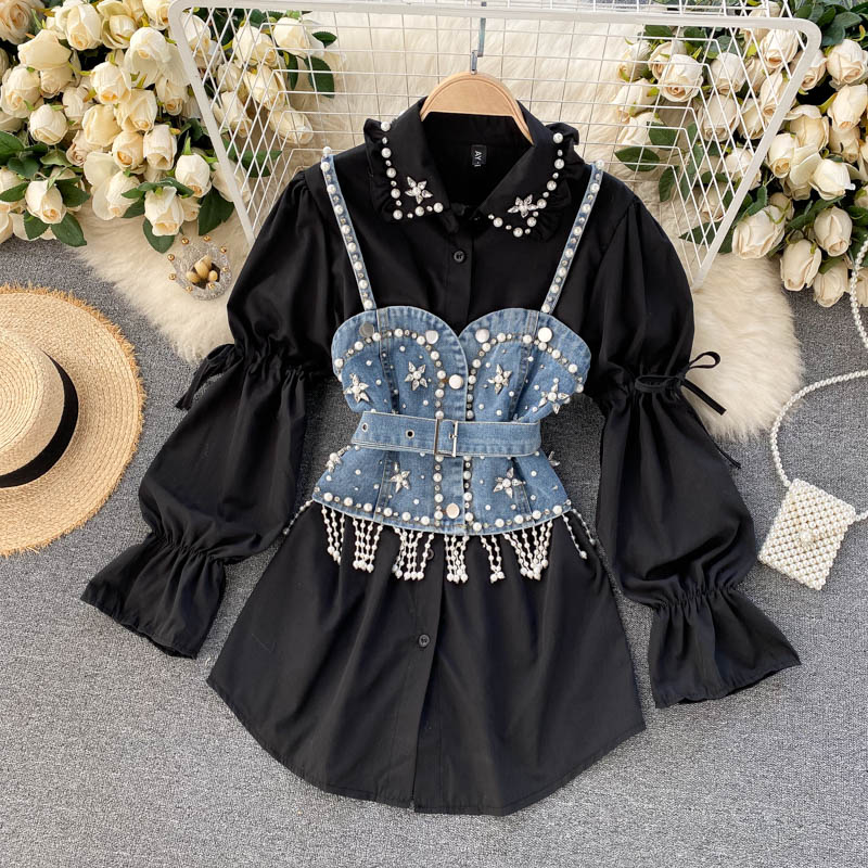 ummer 2023 New Blouse Women's Diamond Beaded Puff Sleeve Blusa Top Tassel Pearl Sling Waistcoat Two-piece Sets Stacking Shirt