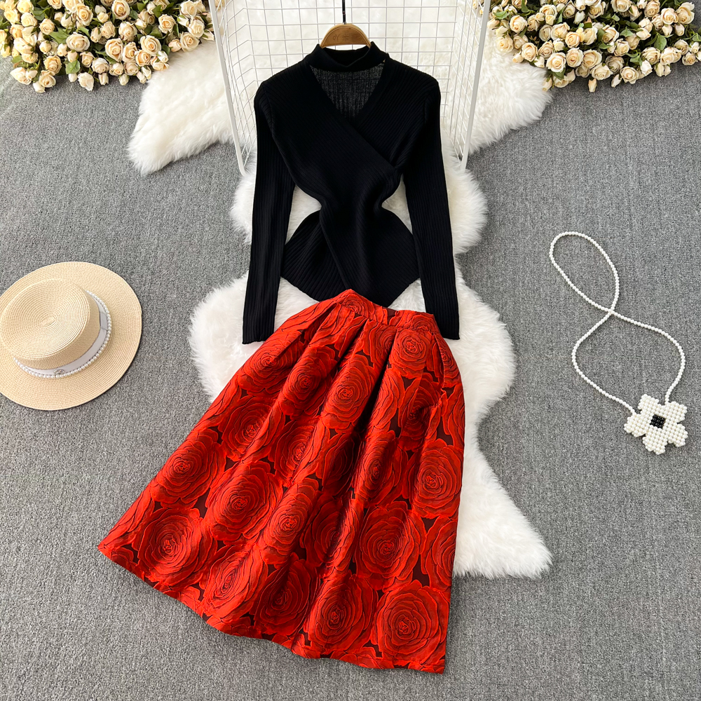Autumn Winter Women Two Piece Dress V-neck Knitted Sweater Tops and Empire Slim Floral Print Skirt Office Lady Suits 2023