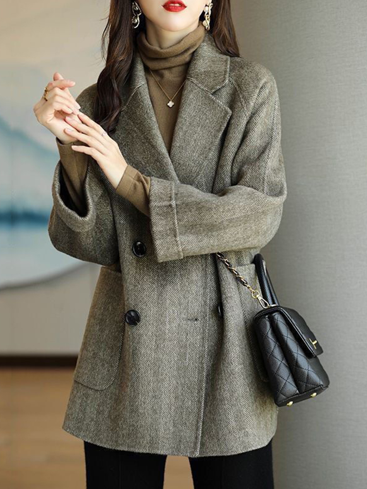 Spring Autumn Women Wool & Blends Office Lady Turn-down Collar Double Breasted Jacket Vintage Women Striped Woolen Jacket Coat 2023