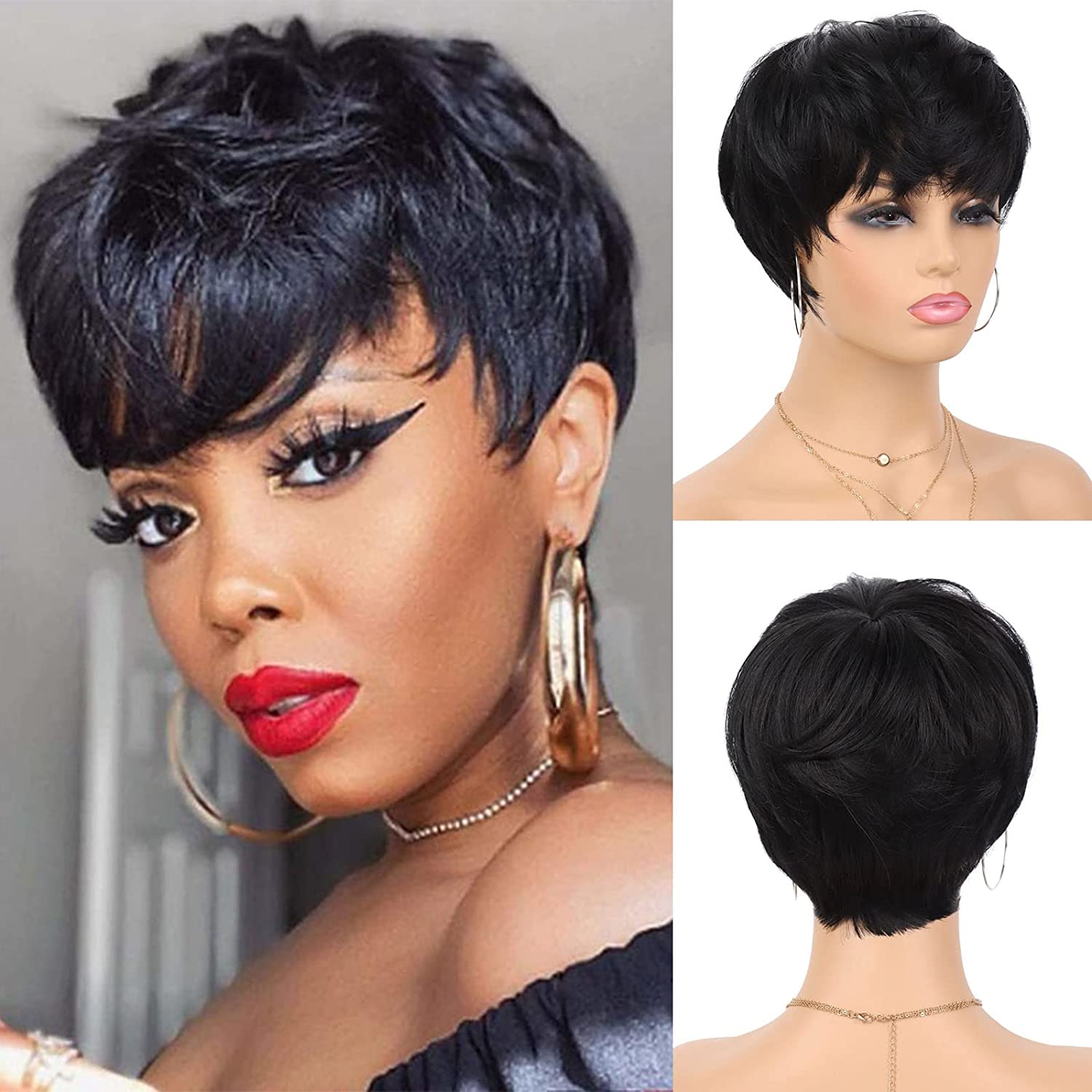 Pixie Cut Wig с челкой короткими слоистыми черными париками для женщин 100 человек с полной машиной.