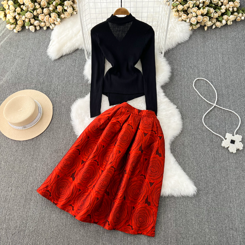 Autumn Winter Women Two Piece Dress V-neck Knitted Sweater Tops and Empire Slim Floral Print Skirt Office Lady Suits 2023