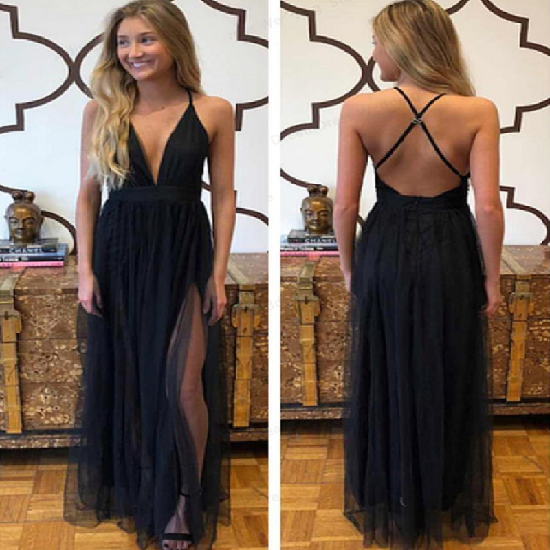 Black Deep V-Neck Evening Dresses Spaghetti Straps Side Slit Blackless Floor Length Formal Party Prom Gowns Sleeveless