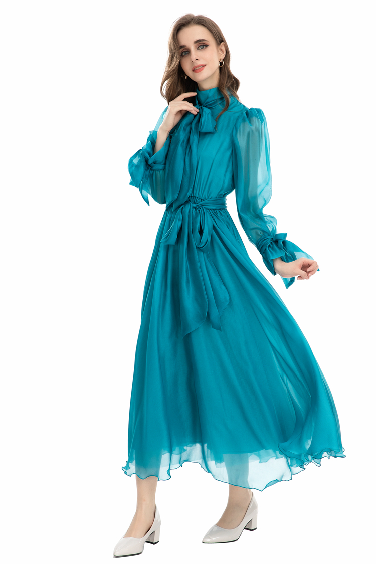 Women's Runway Dresses Lace Up Collar Long Sleeves Elegant High Street Dress with Sashes Vestidos