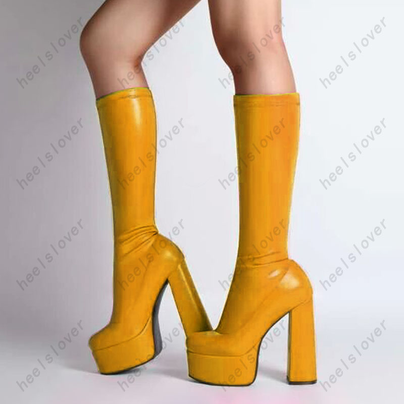 Heelslover New Fashion Women Spring Knee Boots wunky Heels 둥근 발가락 우아한 검은 색 빨간 부르고뉴 클럽 신발 숙녀 5-15