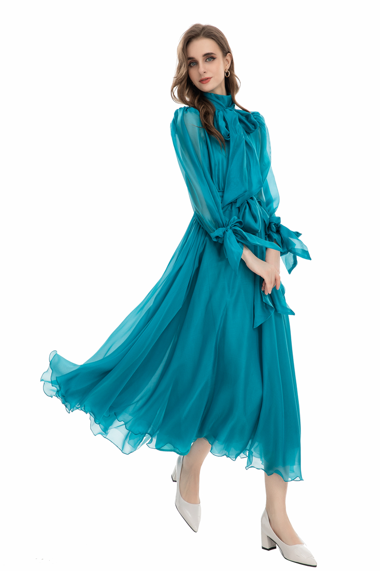 Women's Runway Dresses Lace Up Collar Long Sleeves Elegant High Street Dress with Sashes Vestidos