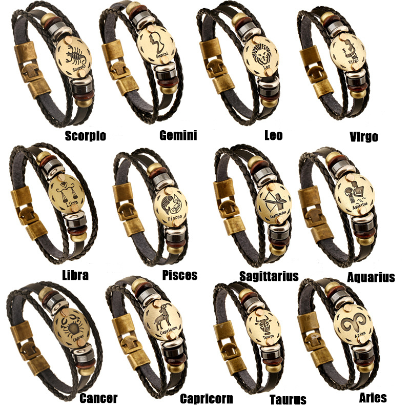 favors Explosive jewelry zodiac signs cowhide bracelets simple multi-layer vintage woven couple leather bracelet bracelet