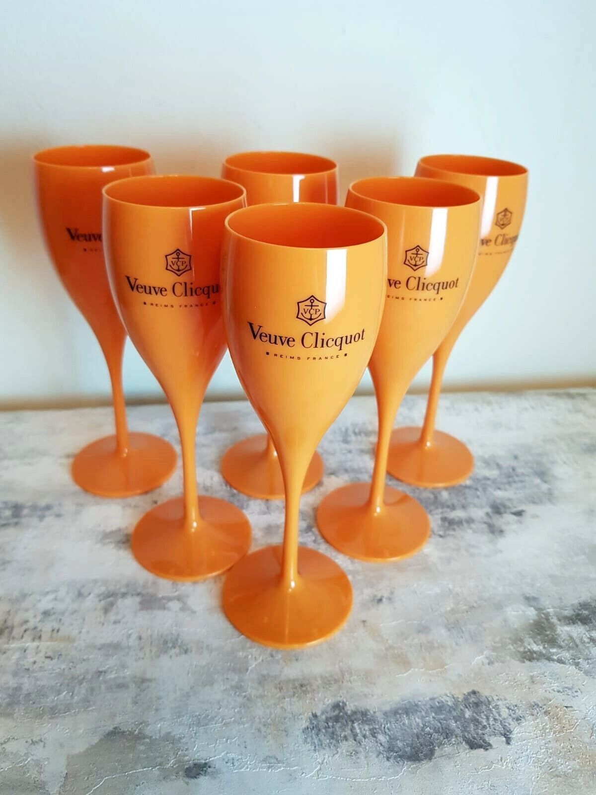 6x Kieliszki do wina Veuve Clicquot Plastik Akrylowy Szampan Pomarańczowy Flety 180 ml