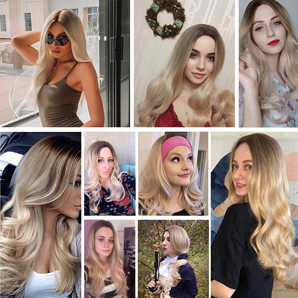Długie faliste brązowe do blond ombre syntetyczne peruki Środkowe część naturalne włosy dla kobiet codziennie imprezowy peruk