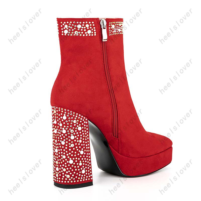 Heelslover Damen Winter-Stiefeletten, Plateau-Block-Absätze, quadratische Zehen, hübsch, lila, rot, Cosplay-Schuhe, Damen, US-Größe 5–9