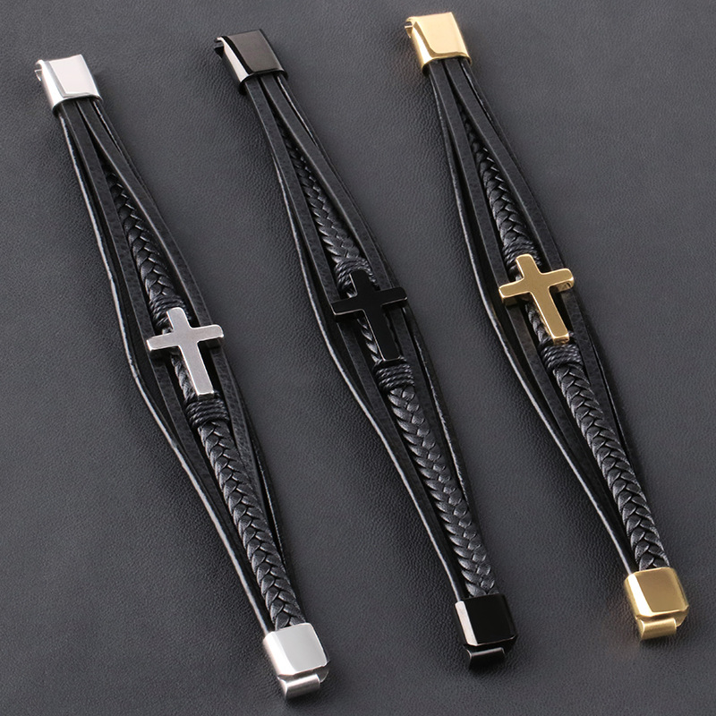 Leather Cross Bracelet Chain Stainless Steel Magnetic Closure Men Bracelets Son Graduation Birthday Gift