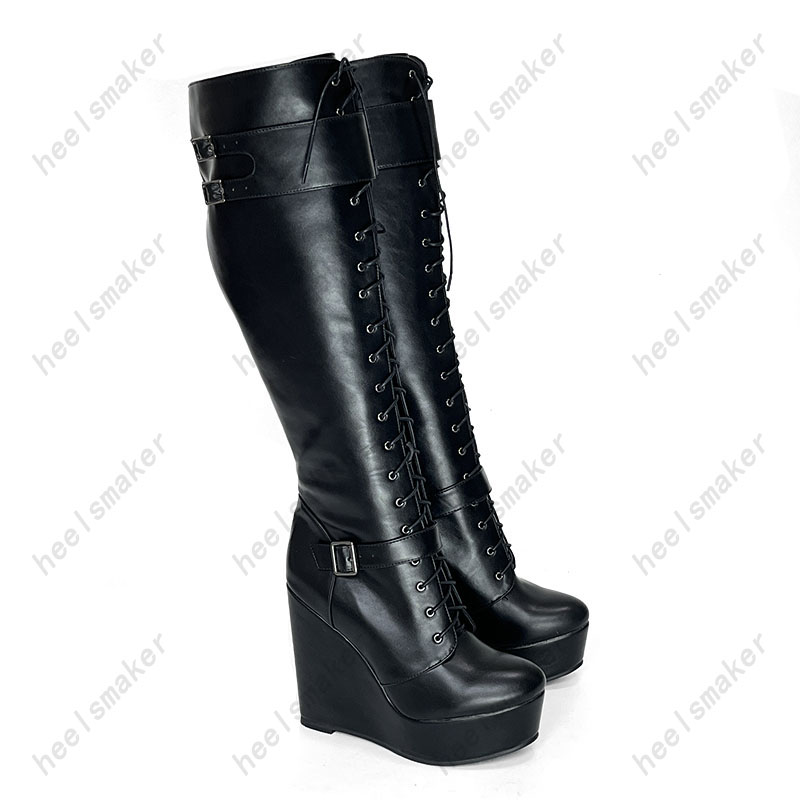 Heelsmaker Handarbeit Frauen Winter Kniestiefel Schnalle Gurt Keile Fersen runden Zehen elegante schwarze Clubschuhe Damen US Size 5-20