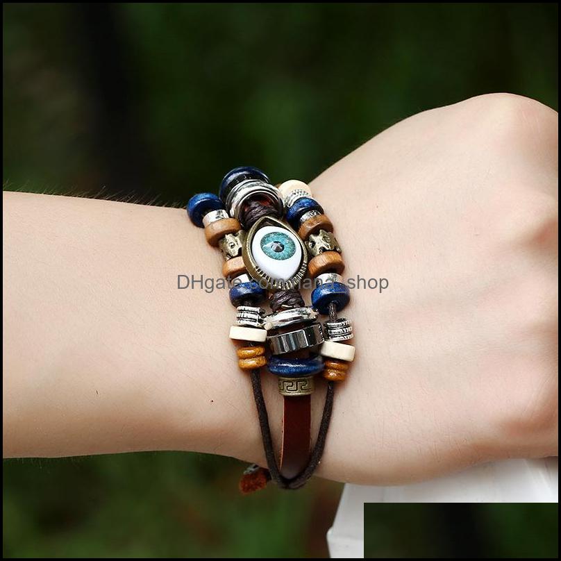 Armreifen handgefertigt Punk türkisch böse Augen Mtilayer Leder Armband Mann Frau Bronze Charme Schmuck Drop Lieferung BRAKELETS Otzux