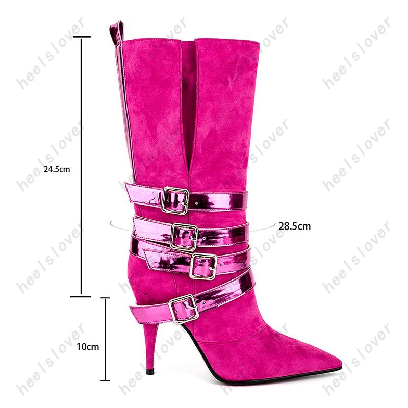Heelslover Women Winter Mid Calf Boots Thin Heels Buckle Strap Pointed Toe Beautiful Fuchsia Club Shoes Ladies US Size 5-13
