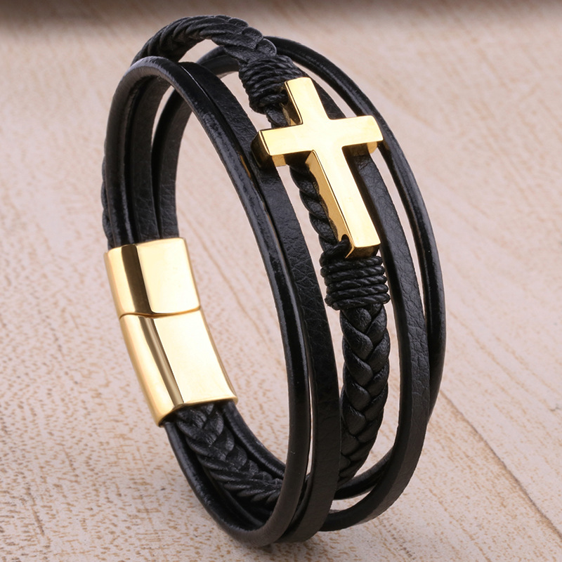 Leather Cross Bracelet Chain Stainless Steel Magnetic Closure Men Bracelets Son Graduation Birthday Gift