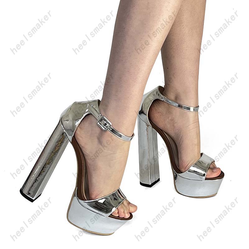 Heelsmaker Fashion Women Ankle Strap Sandals Glossy Chunky Heels Peep Toe Pretty Silver Gold Party Shoes Ladies US Size 5-20