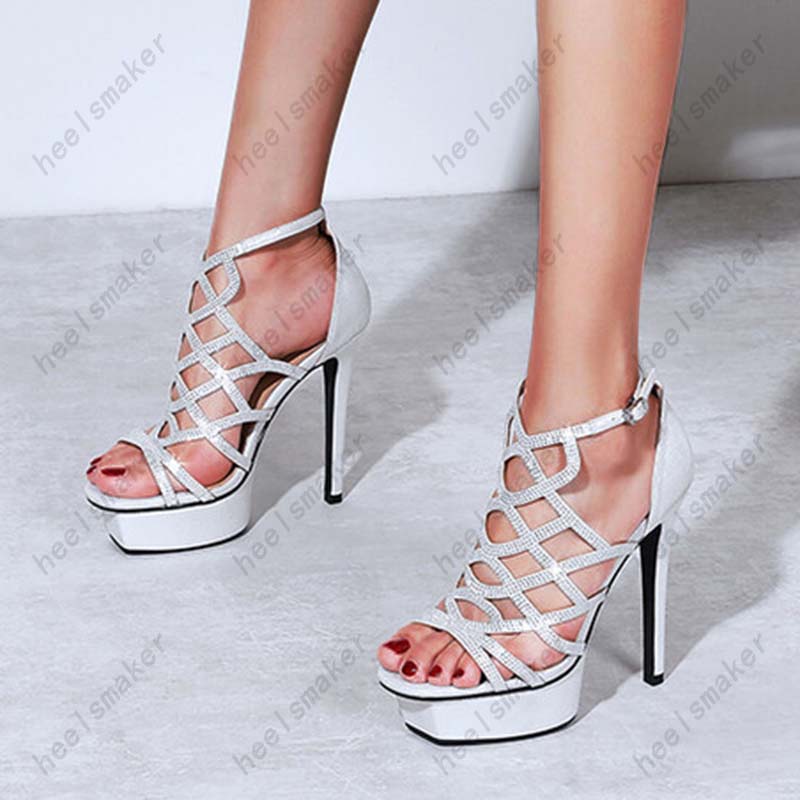 Heelsmaker Women Summer Sandals Hollow Out Crystal Square Toe Fabulous Black Silver Party Shoes Ladies Plus US Size 3-9