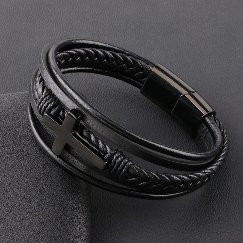 Lederen kruisarmband ketting roestvrijstalen magnetische sluiting mannen armbanden zoon afstuderen verjaardagscadeau