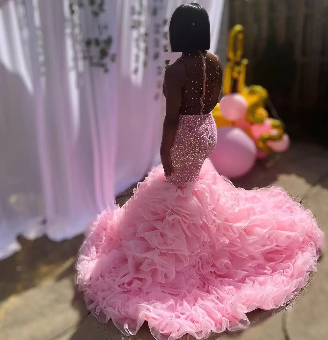 2023 Plus Size arabo rosa sirena abiti da ballo in rilievo cristalli Aso Ebi sera formale festa secondo ricevimento compleanno abiti di fidanzamento