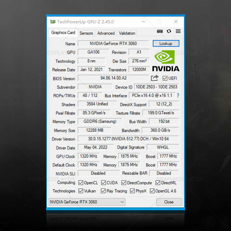 Graphicsplayer carte graphique RTX3060 GDDR6 12G 192 bits ordinateur cartes vidéo GPU PCI Express X16 4.0 pour Nvidia PC Gaming