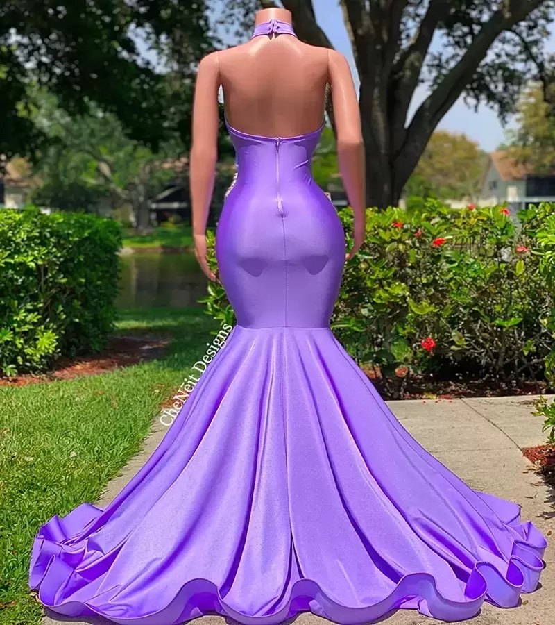 Sexy Purple Mermaid Prom Dresses 2023 Halter Backless Long Evening Dress Black Girls Beaded Party Dinner Wear Robe De Soiree Vestidos De Noche Abaya Formal Gown