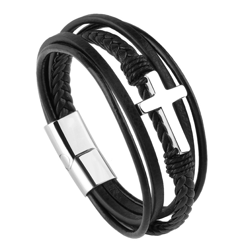 Lederen kruisarmband ketting roestvrijstalen magnetische sluiting mannen armbanden zoon afstuderen verjaardagscadeau