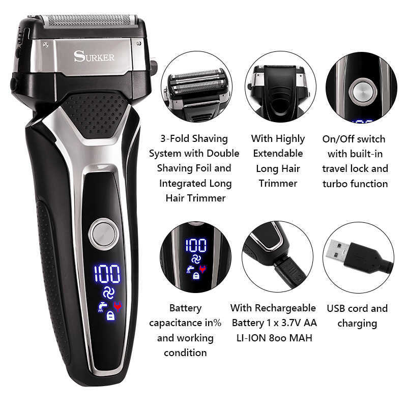 Barbeadores elétricos Máquina de barbear de aço inoxidável recarregável USB Máquina de barbear Máquina de barbear 3d lâmina flutuante tripla de barbeador barbeiro TRIMMER T23012
