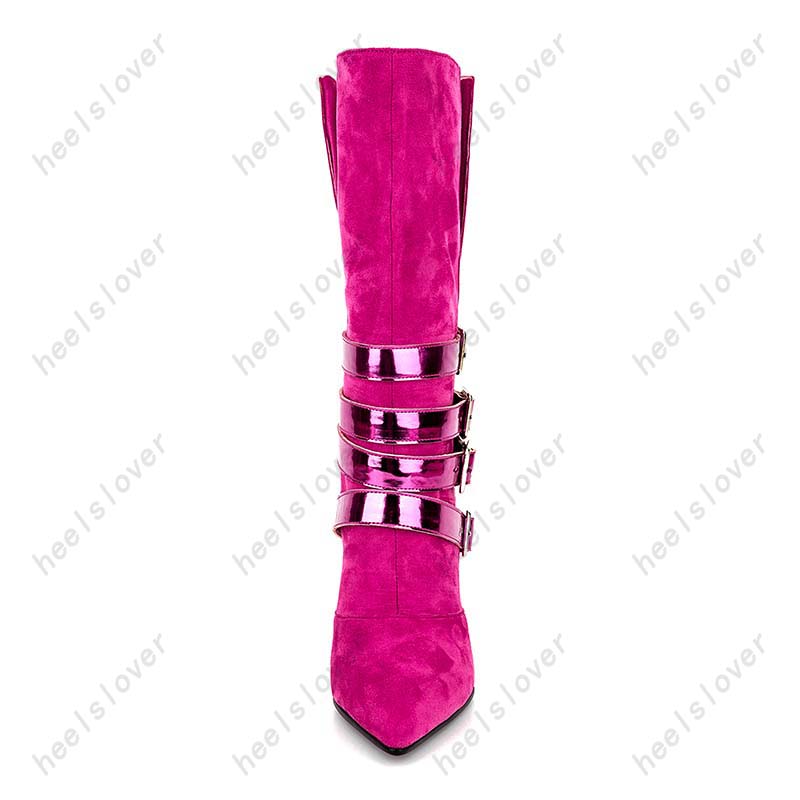 Heelslover Women Winter Mid Calf Boots Thin Heels Buckle Strap Pointed Toe Beautiful Fuchsia Club Shoes Ladies US Size 5-13