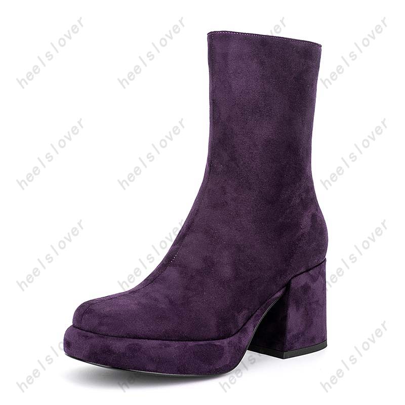 Heelslover New Fashion Women Winter Mid Calf Boots Chunky Heels Round Toe Elegant Green Purple Street Shoes Ladies US Size 5-13