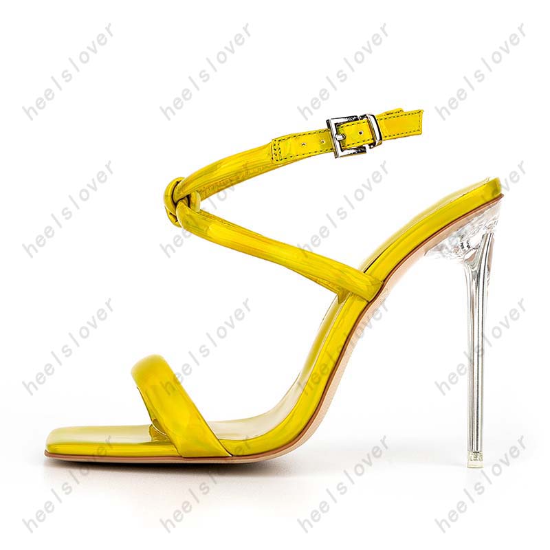 Heelslover femmes été sandales passerelle mince talon haut bout carré magnifique vert jaune chaussures de fête dames taille américaine 5-13