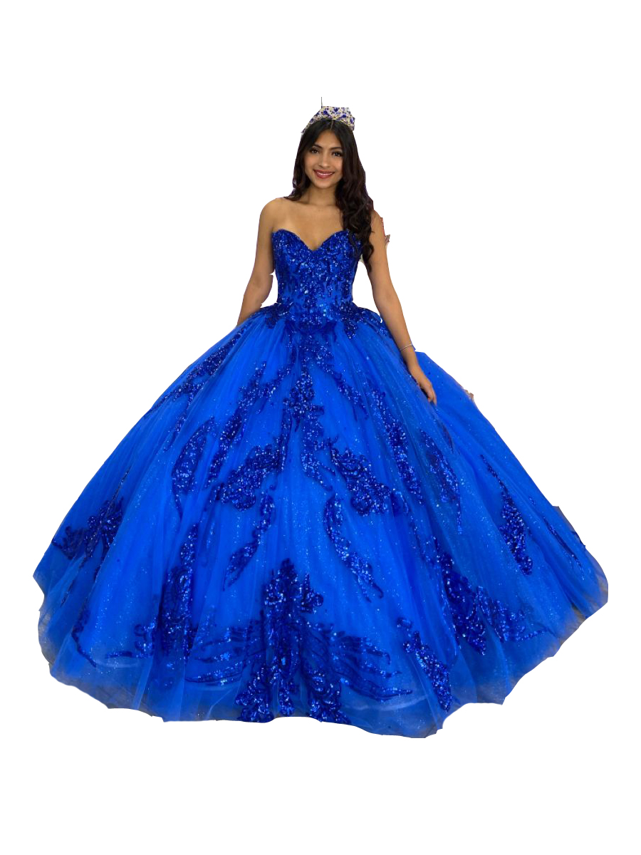 2023 Quinceanera Dresses Royal Blue Speecined Lace恋人スパンコールスウィート16プロムドレススイープトレインボールガウンチュールプリンセスパーティーガウンカスタムノースリーブ