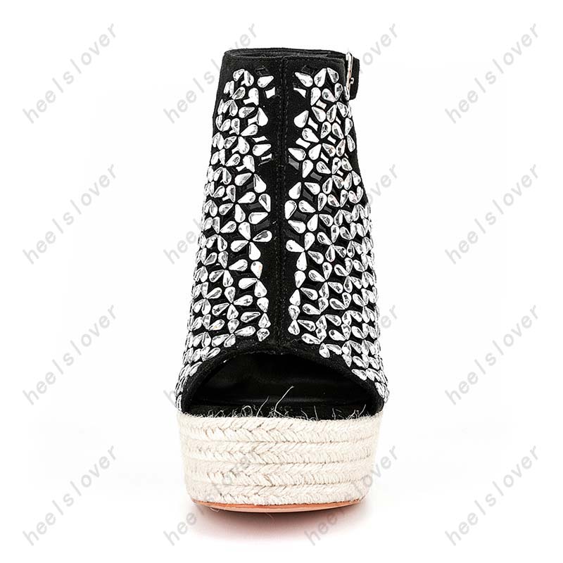 Heelslover Women Summer Sandals Rhinestone Sexy Wedges Cheels Round Toe Breate Black Banquet Shoes Ladies Us Size 5-13