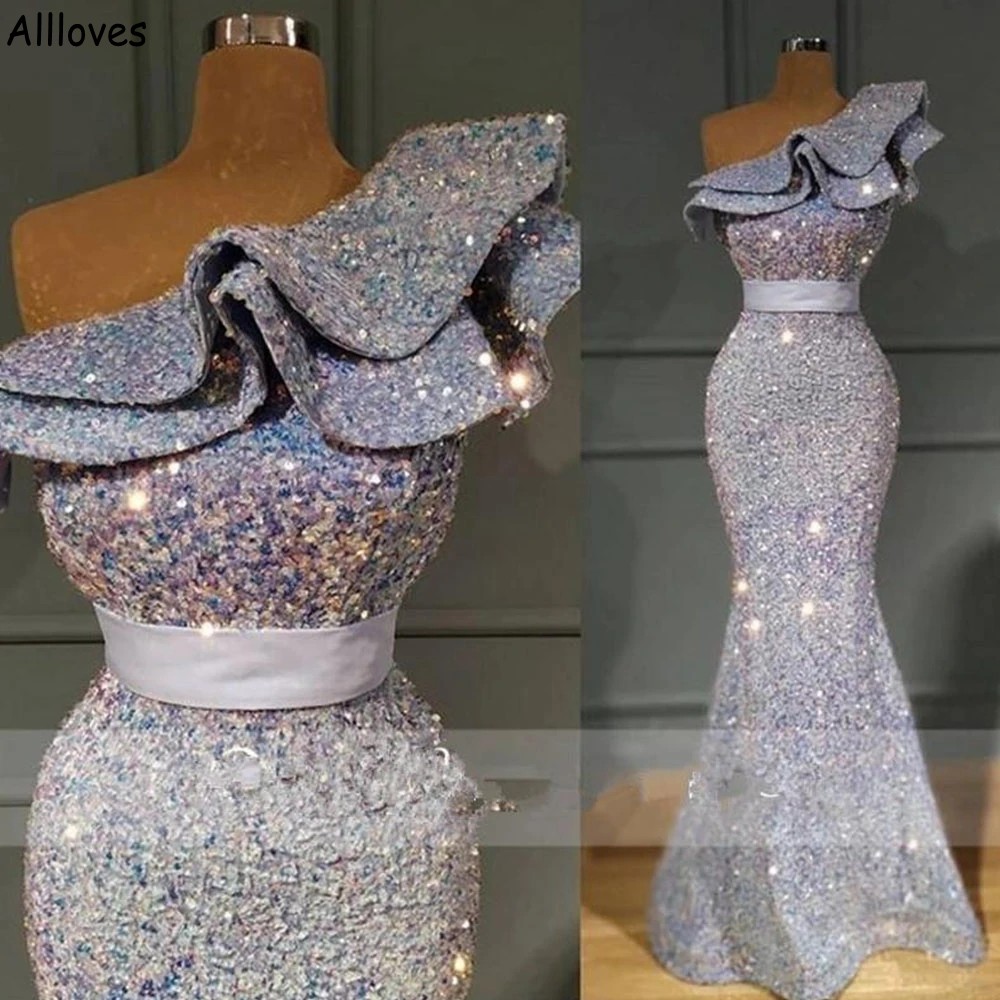 Vestidos de noite em ￡rabe de lantejoulas rosa de lantejoulas de um ombro de babados para mulheres de tamanho grande vestidos de festa da maternidade Trompet Bling Sexy Ocidental vestido vestidos cl1740